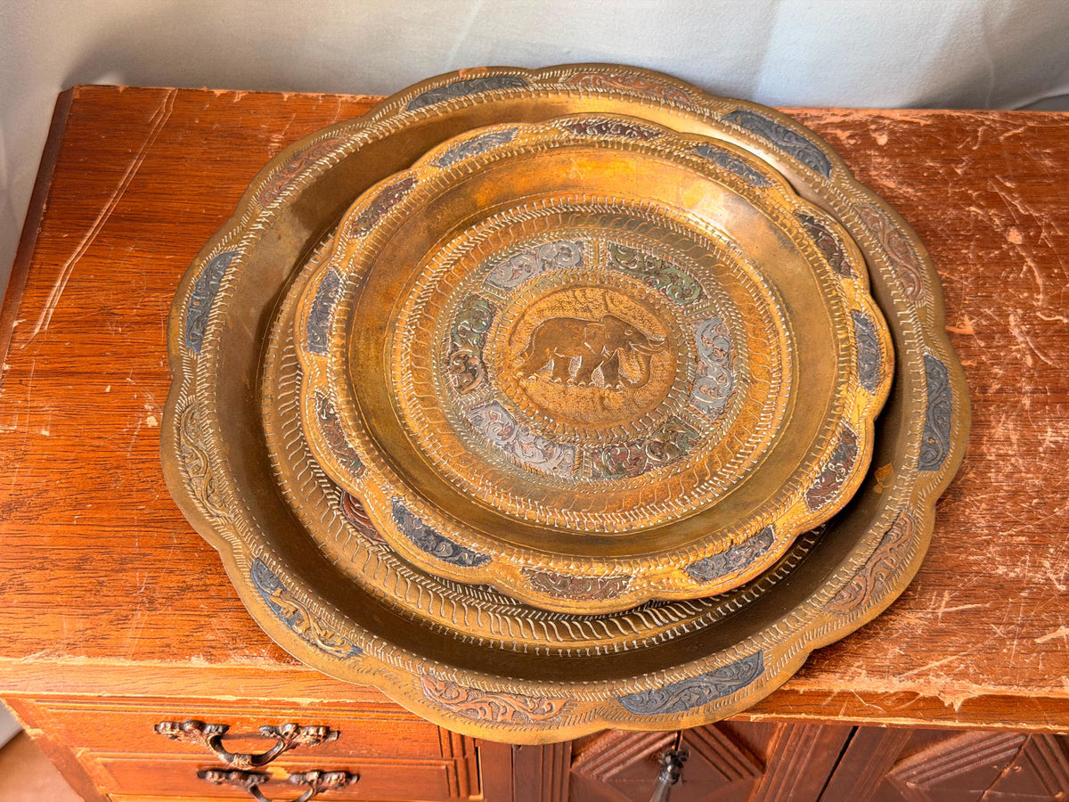 Vintage Indian Brass Elephant Wall Plate Set 2 Pc Chased Tray 8" & 6"
