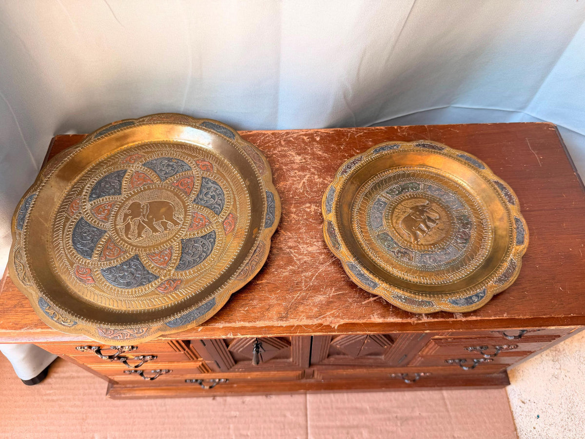 Vintage Indian Brass Elephant Wall Plate Set 2 Pc Chased Tray 8" & 6"