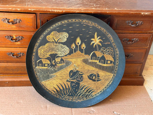 Vintage Etched Black Brass Wall Plate 10" Rural Bengal Village Scene