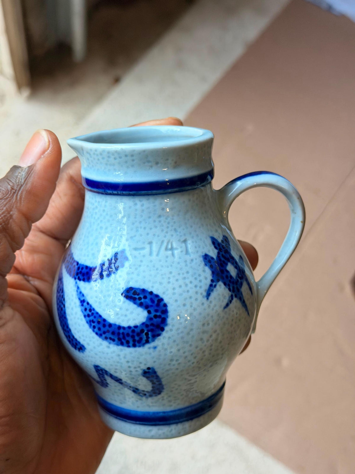 Vintage Blue Ceramic Pitcher Set Salt Glaze Stoneware Porcelain 4.5"