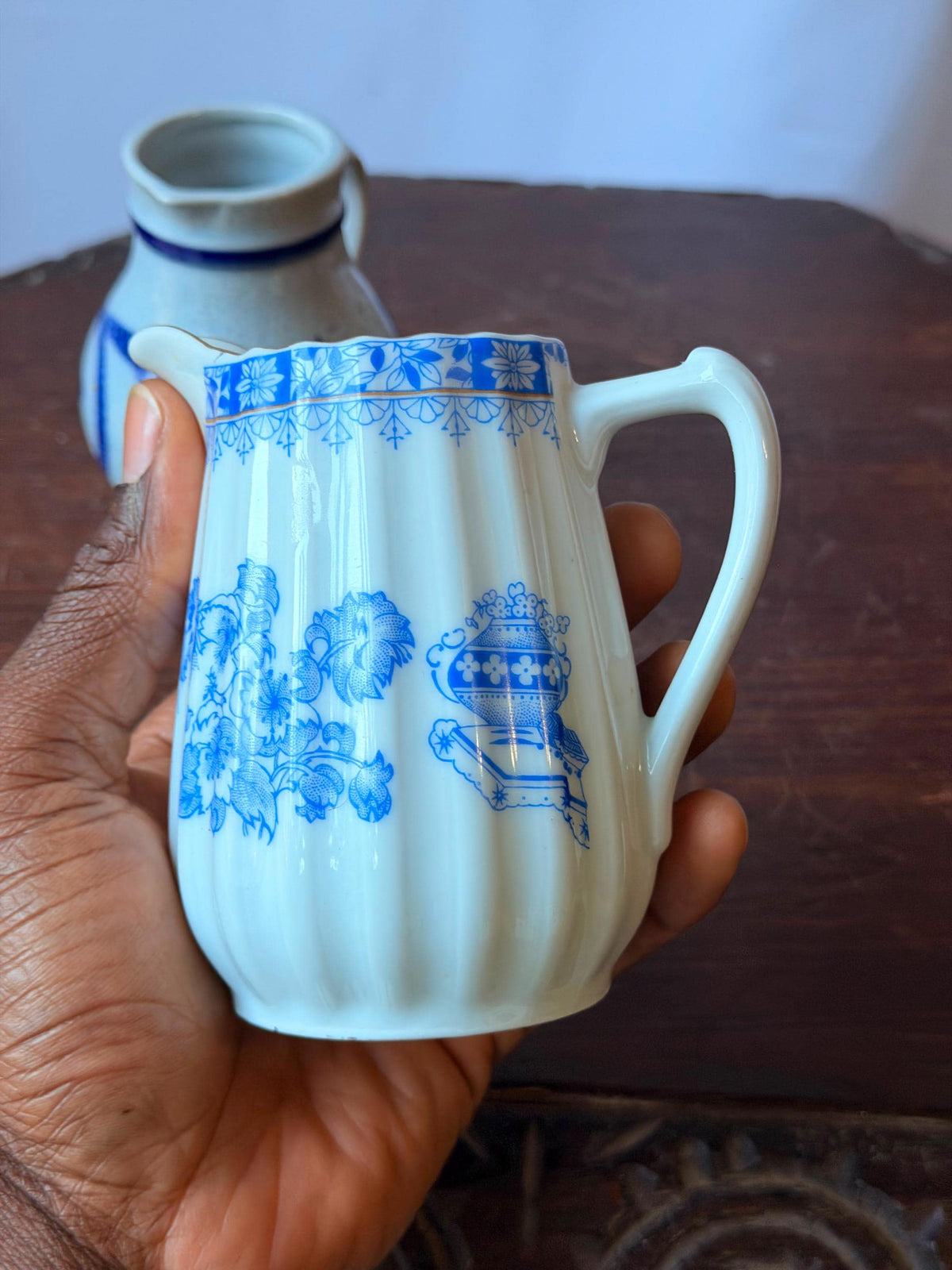 Vintage Blue Ceramic Pitcher Set Salt Glaze Stoneware Porcelain 4.5"