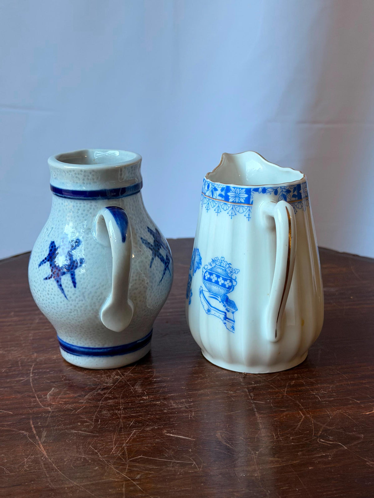 Vintage Blue Ceramic Pitcher Set Salt Glaze Stoneware Porcelain 4.5"