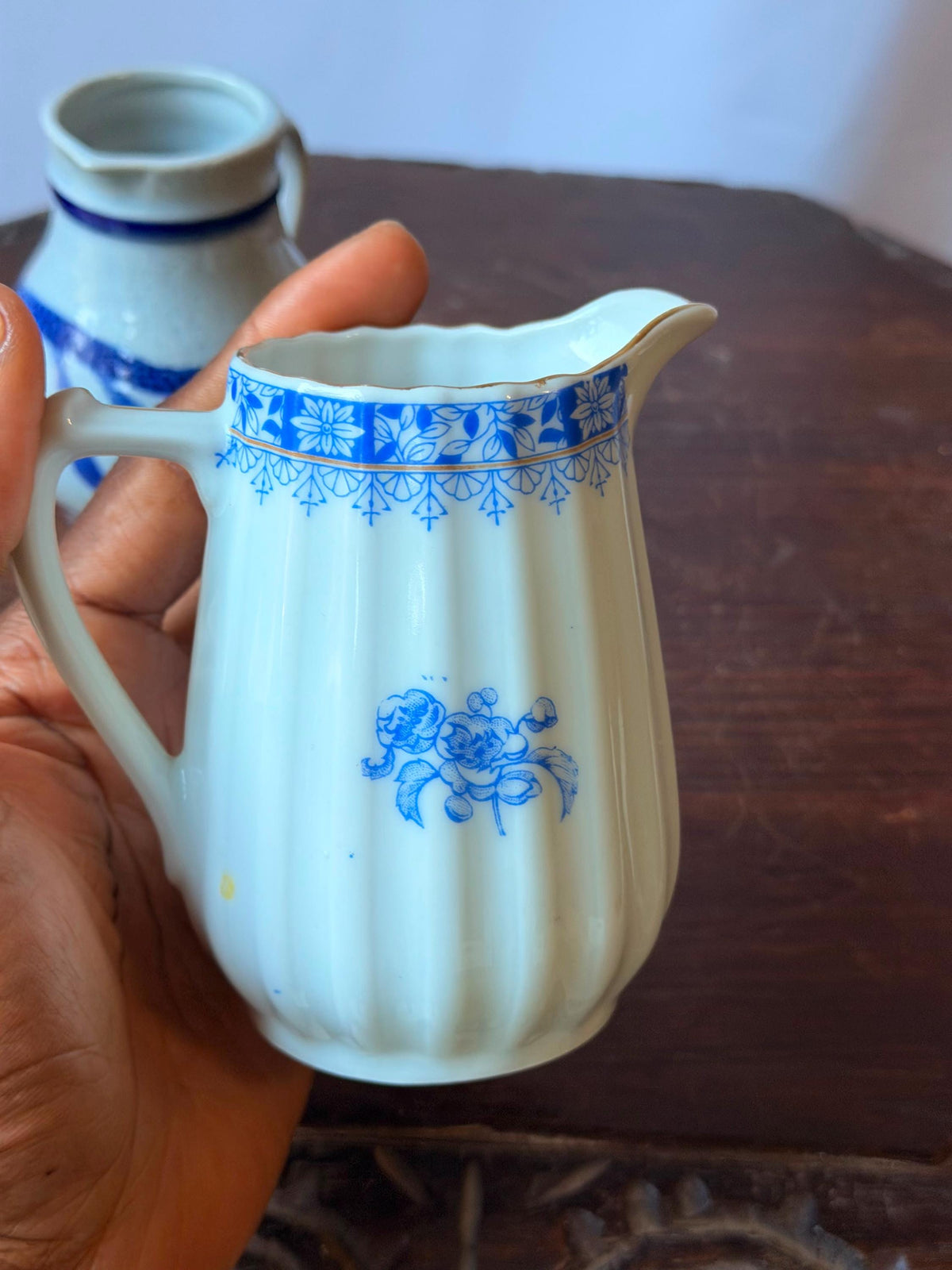 Vintage Blue Ceramic Pitcher Set Salt Glaze Stoneware Porcelain 4.5"