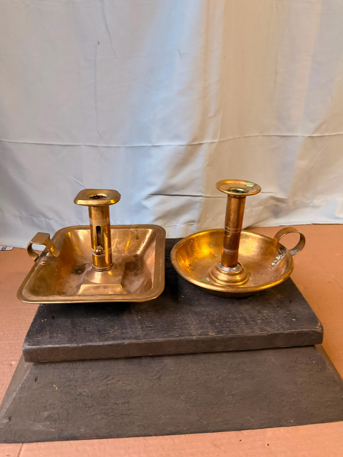 Vintage Brass Chamberstick Candle Holder Set Push Up Ejector 7.5"