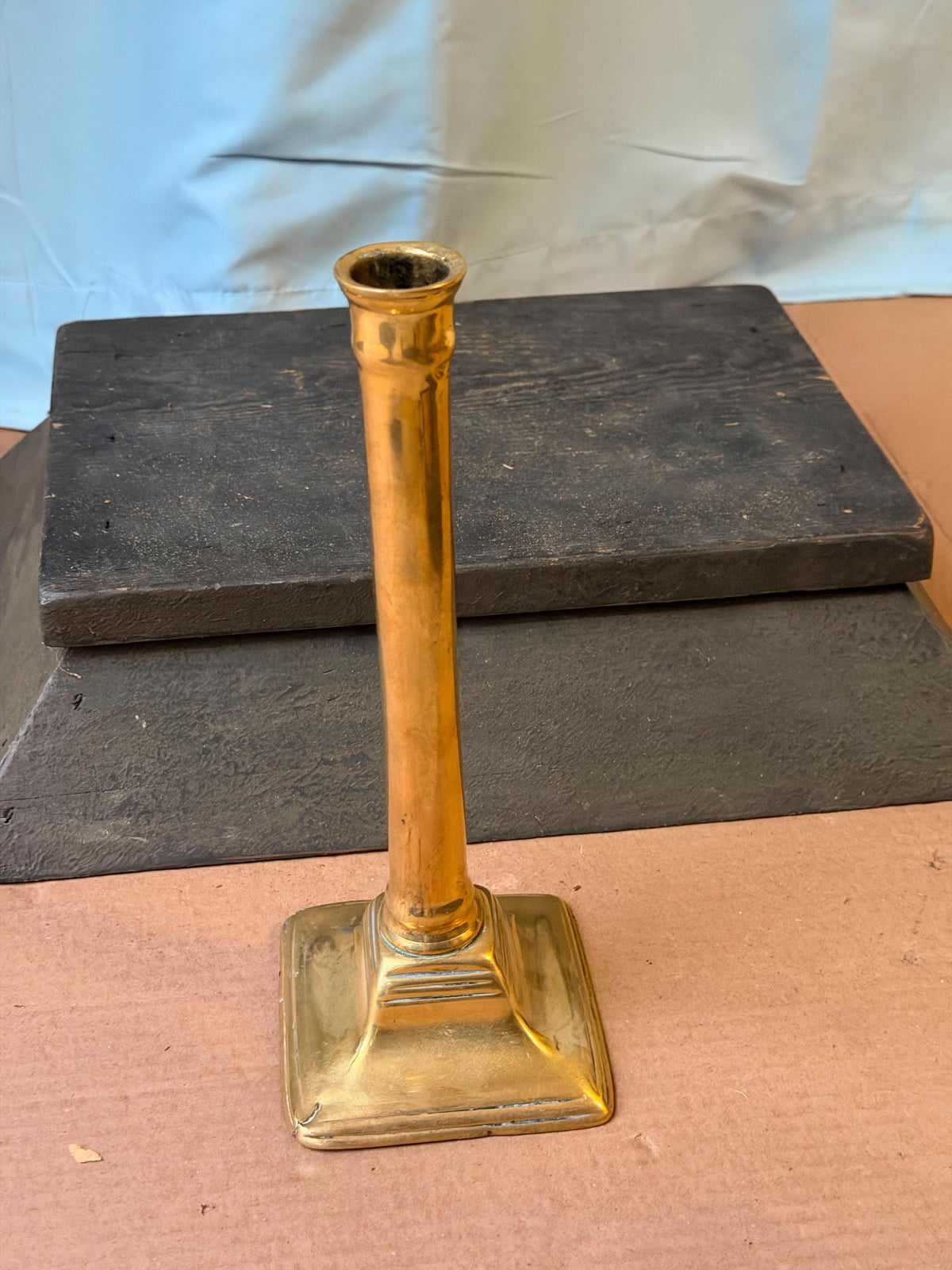 Vintage Tall Brass Candlestick Holder Square Stepped Pedestal Base 10"