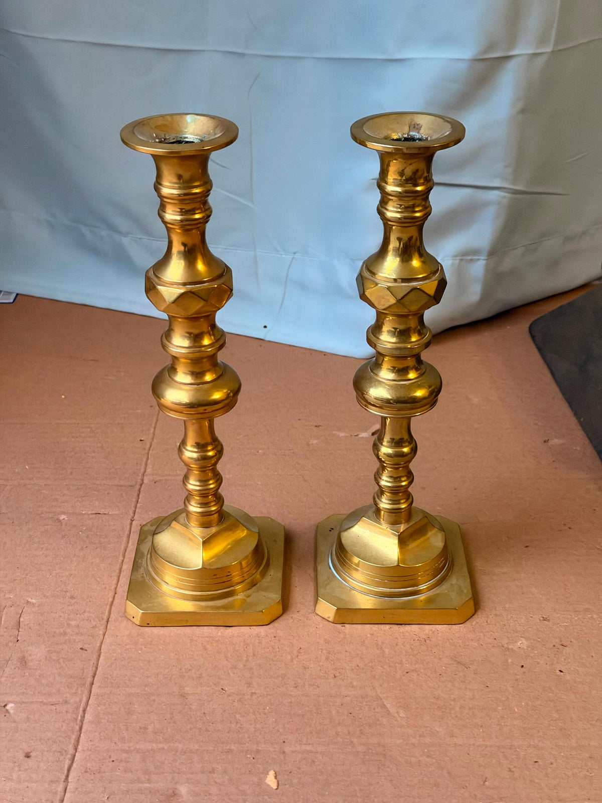 Vintage Middle Eastern Brass Candlestick Pair Faceted Knop 11" (61 characters)