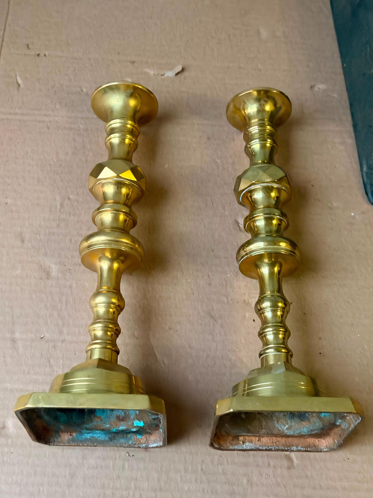 Vintage Middle Eastern Brass Candlestick Pair Faceted Knop 11" (61 characters)