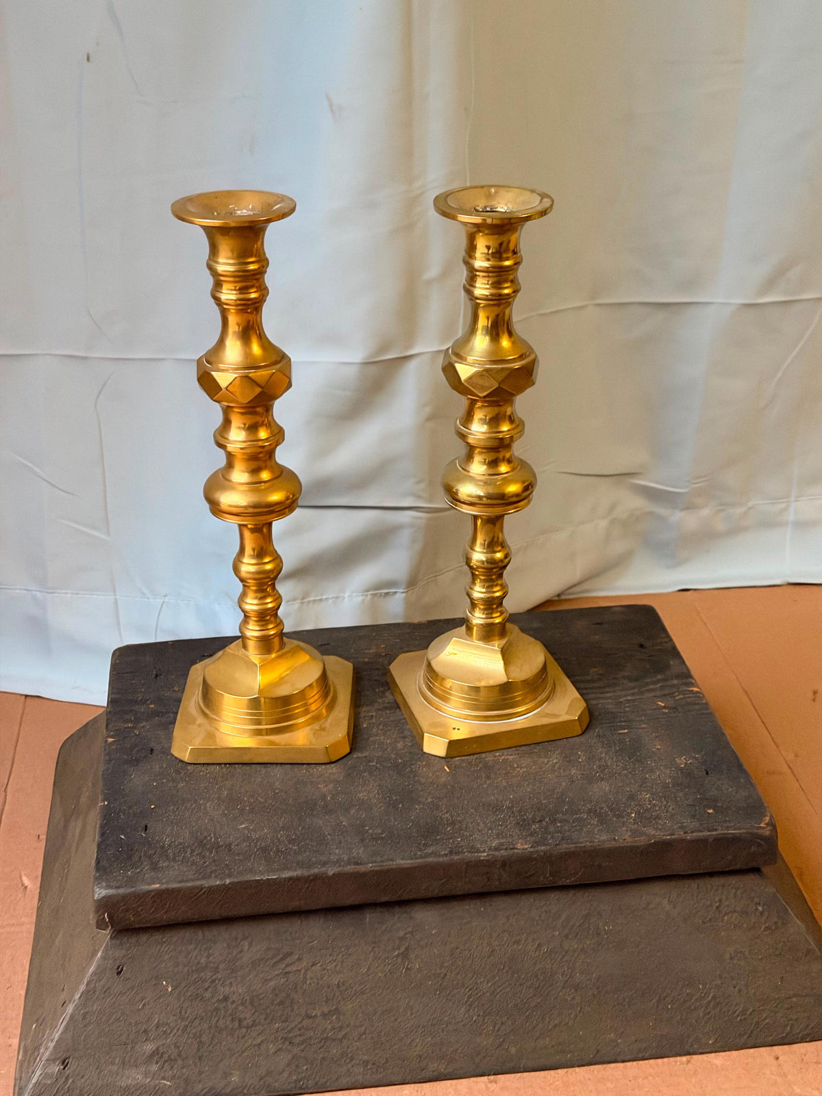 Vintage Middle Eastern Brass Candlestick Pair Faceted Knop 11" (61 characters)