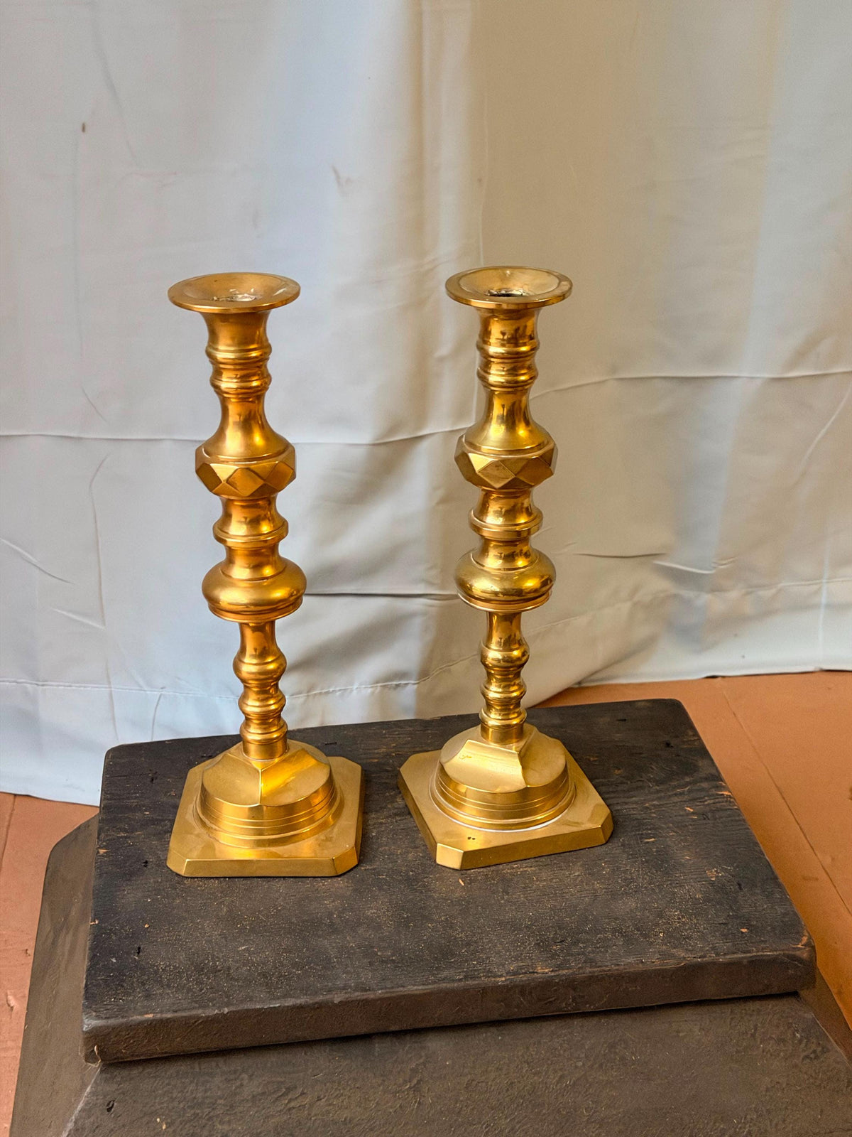 Vintage Middle Eastern Brass Candlestick Pair Faceted Knop 11" (61 characters)