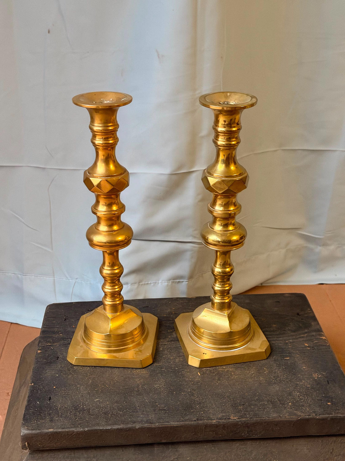 Vintage Middle Eastern Brass Candlestick Pair Faceted Knop 11" (61 characters)