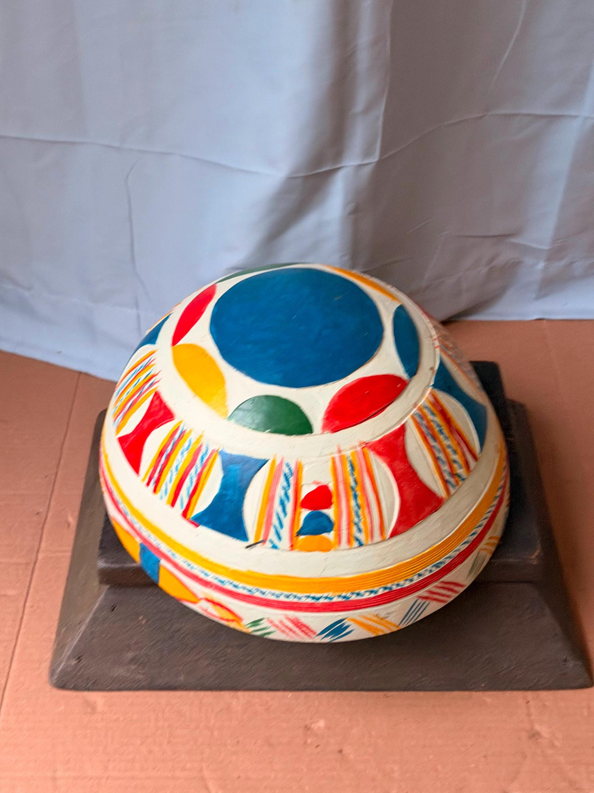 Vintage Hand Painted African Calabash Gourd Bowl Carved Folk Art 13"