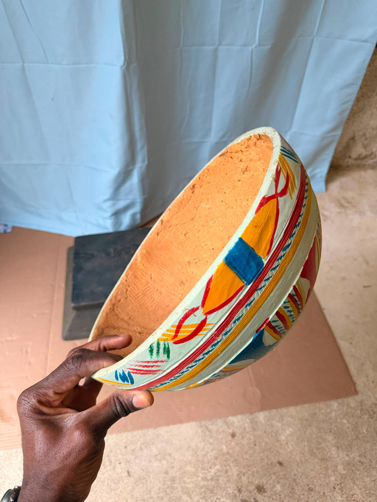 Vintage Hand Painted African Calabash Gourd Bowl Carved Folk Art 13"