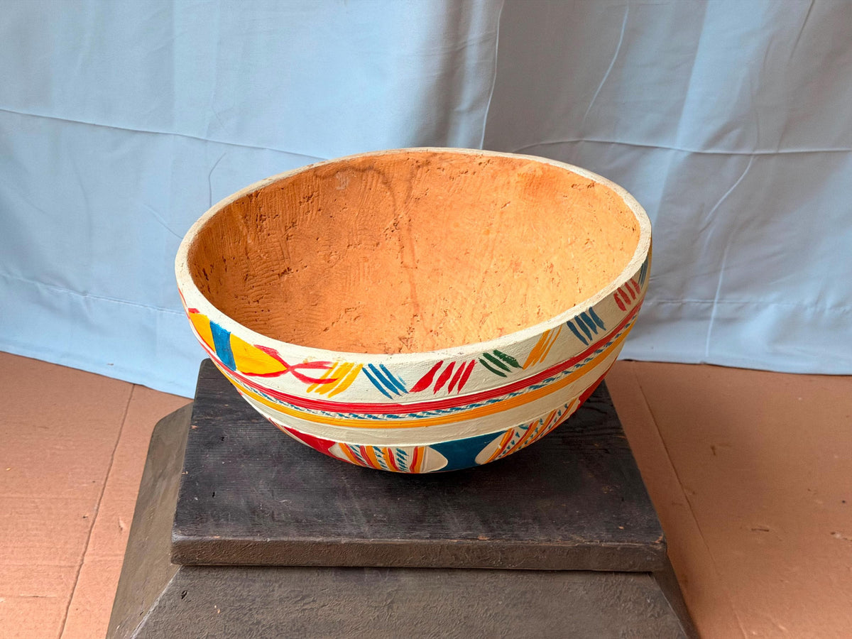 Vintage Hand Painted African Calabash Gourd Bowl Carved Folk Art 13"