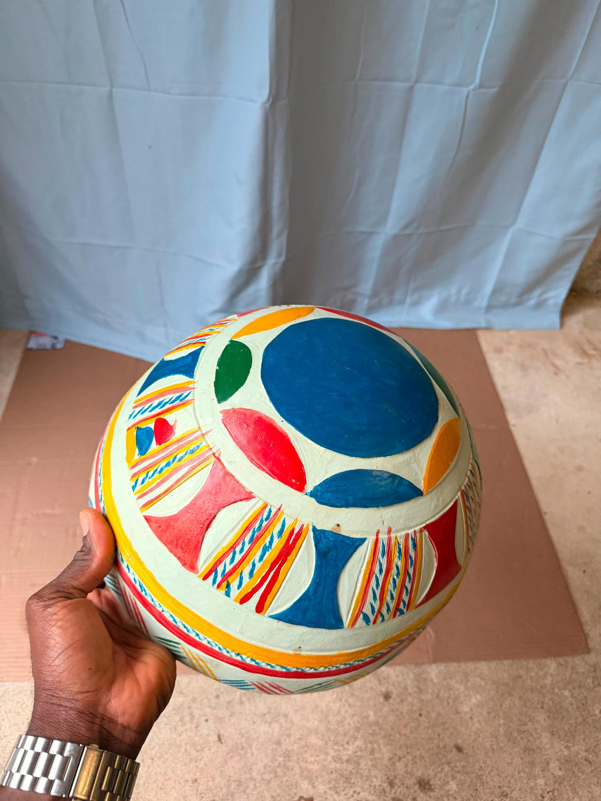 Vintage Hand Painted African Calabash Gourd Bowl Carved Folk Art 13"