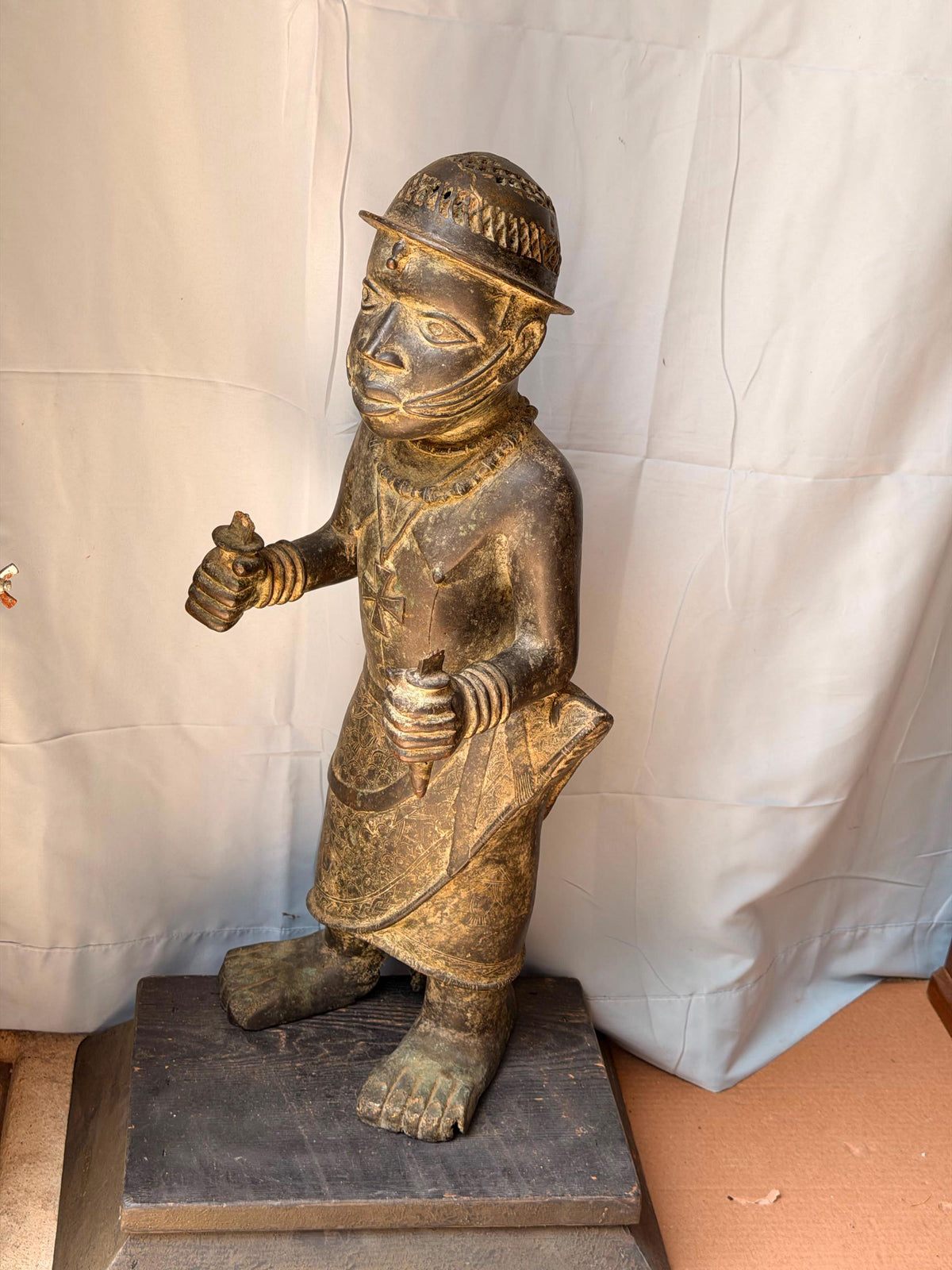 Vintage Large African Cast Bronze Figure Benin Court Warrior Statue 24"