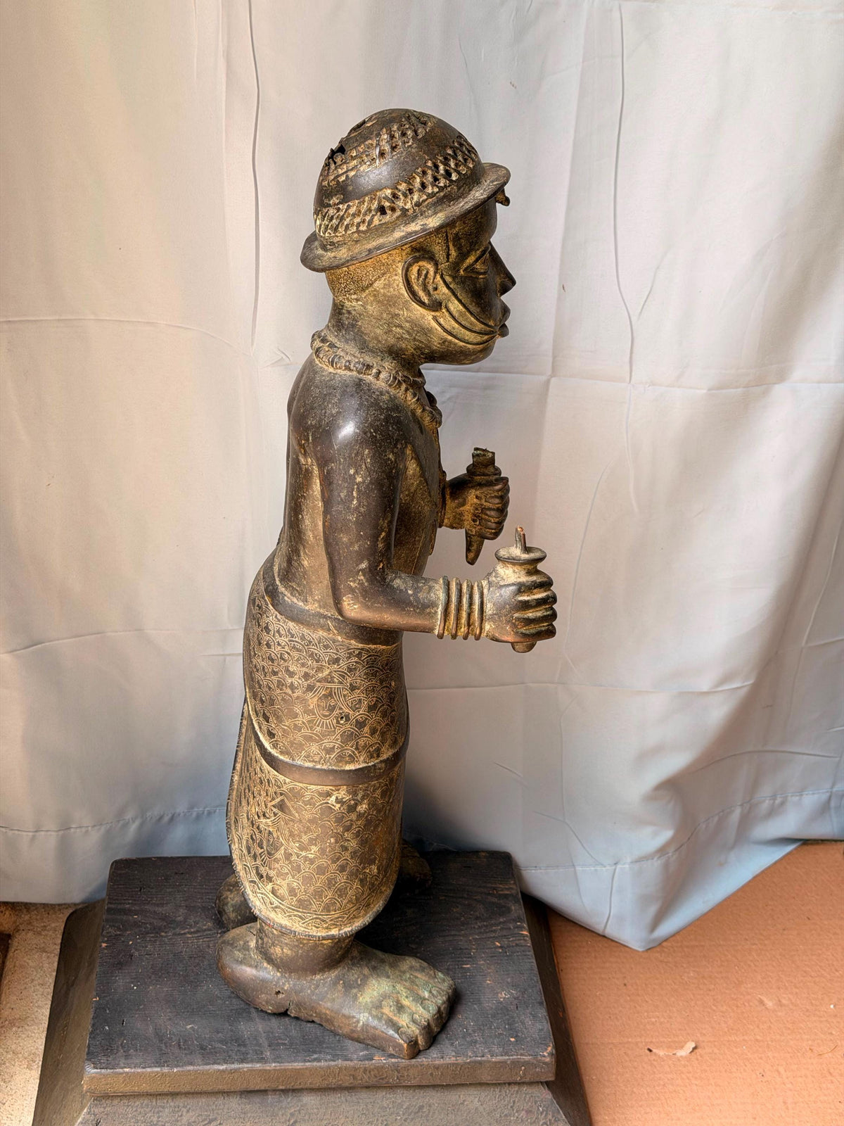 Vintage Large African Cast Bronze Figure Benin Court Warrior Statue 24"