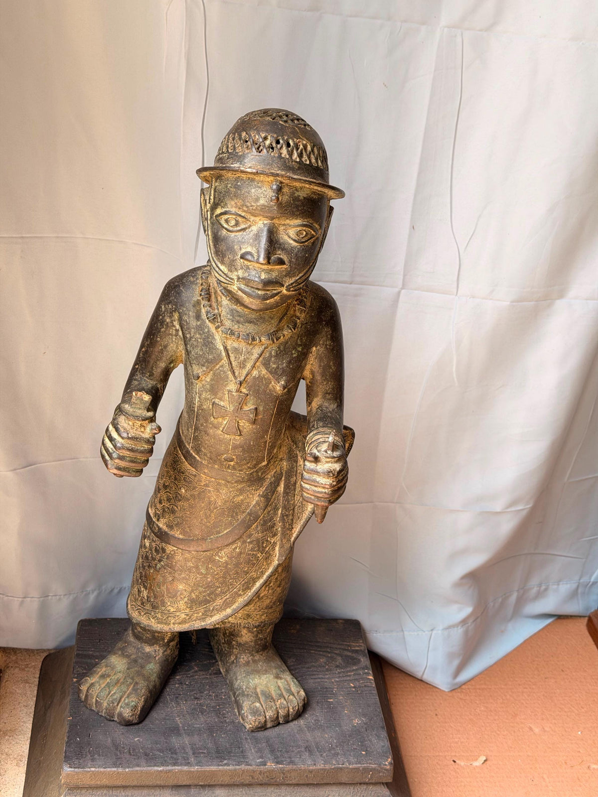 Vintage Large African Cast Bronze Figure Benin Court Warrior Statue 24"