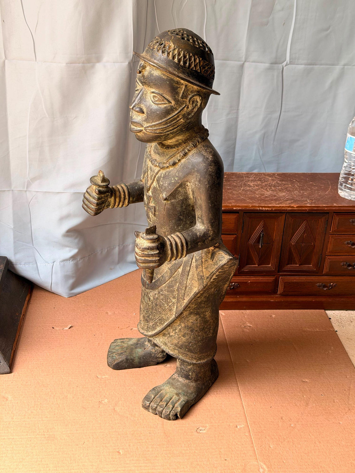 Vintage Large African Cast Bronze Figure Benin Court Warrior Statue 24"