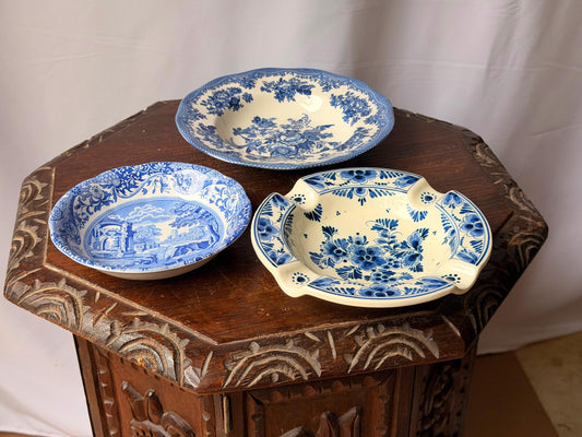 Set of 3 Vintage Blue White Ceramics Spode Delft English Bowls 8.5"