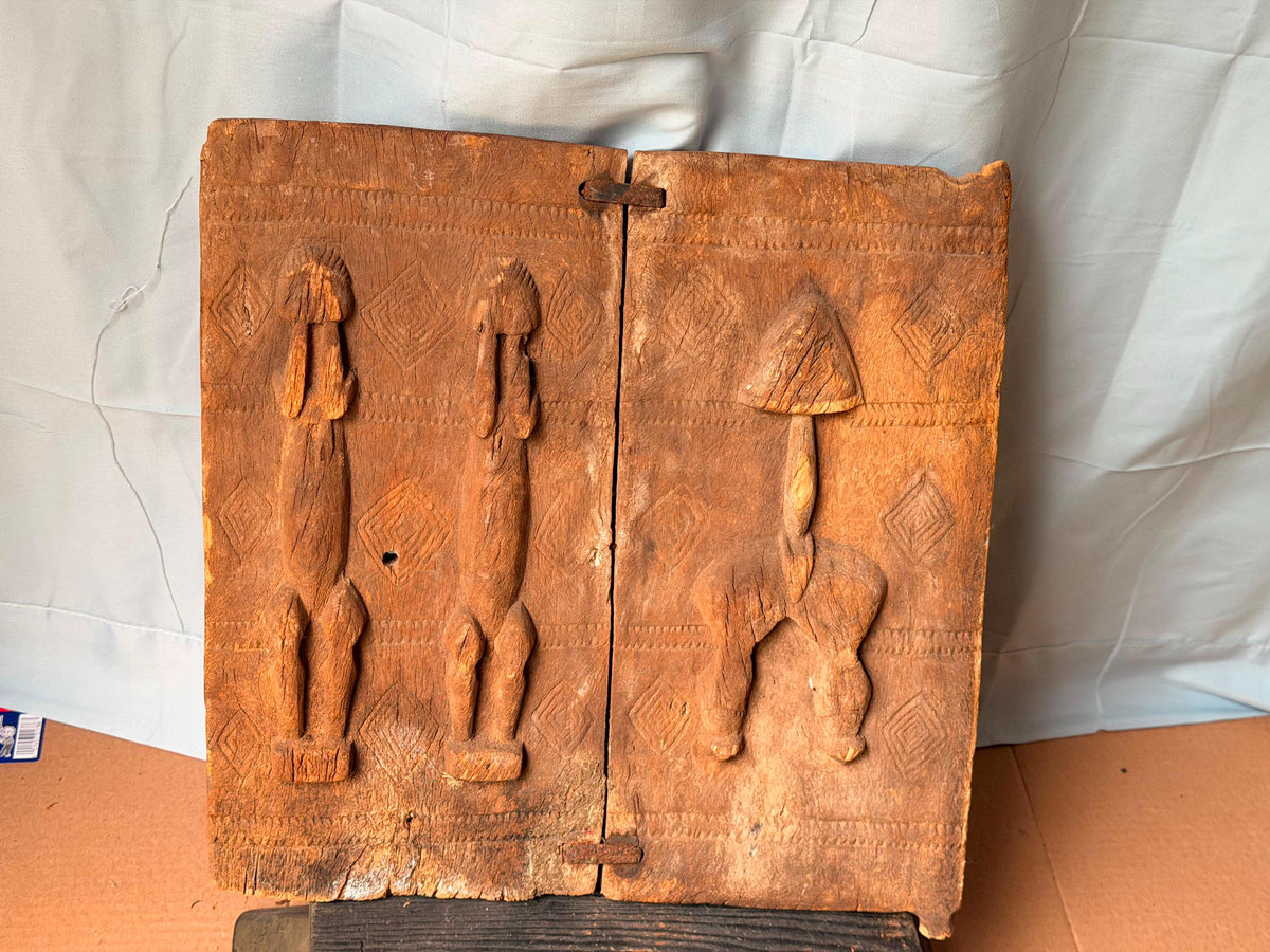 Vintage Dogon Double Panel Granary Shutter Wood Carving Mali 16"