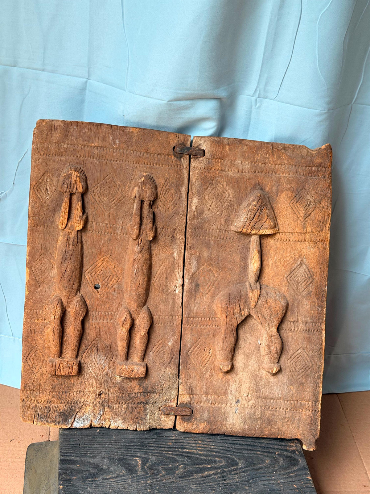 Vintage Dogon Double Panel Granary Shutter Wood Carving Mali 16"