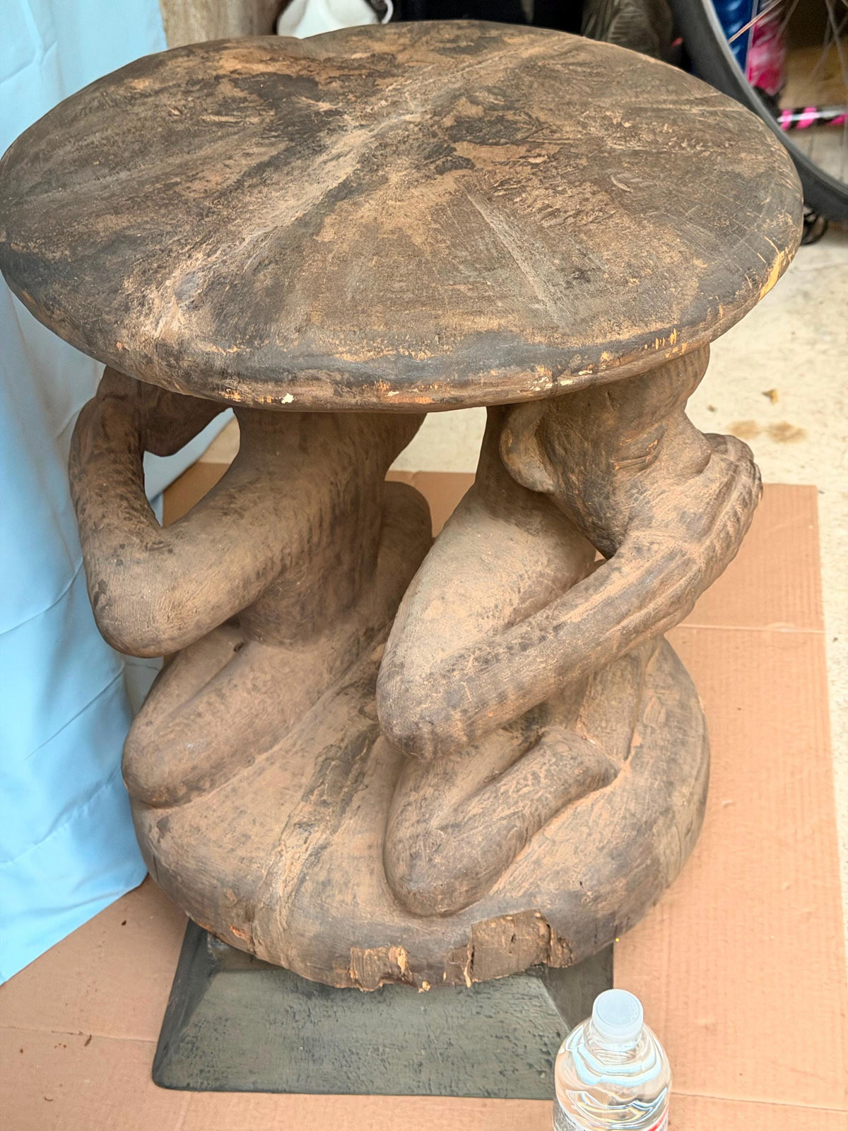 Vintage Kongo Caryatid Wood Stool - African Royal Throne Congo 18.5"