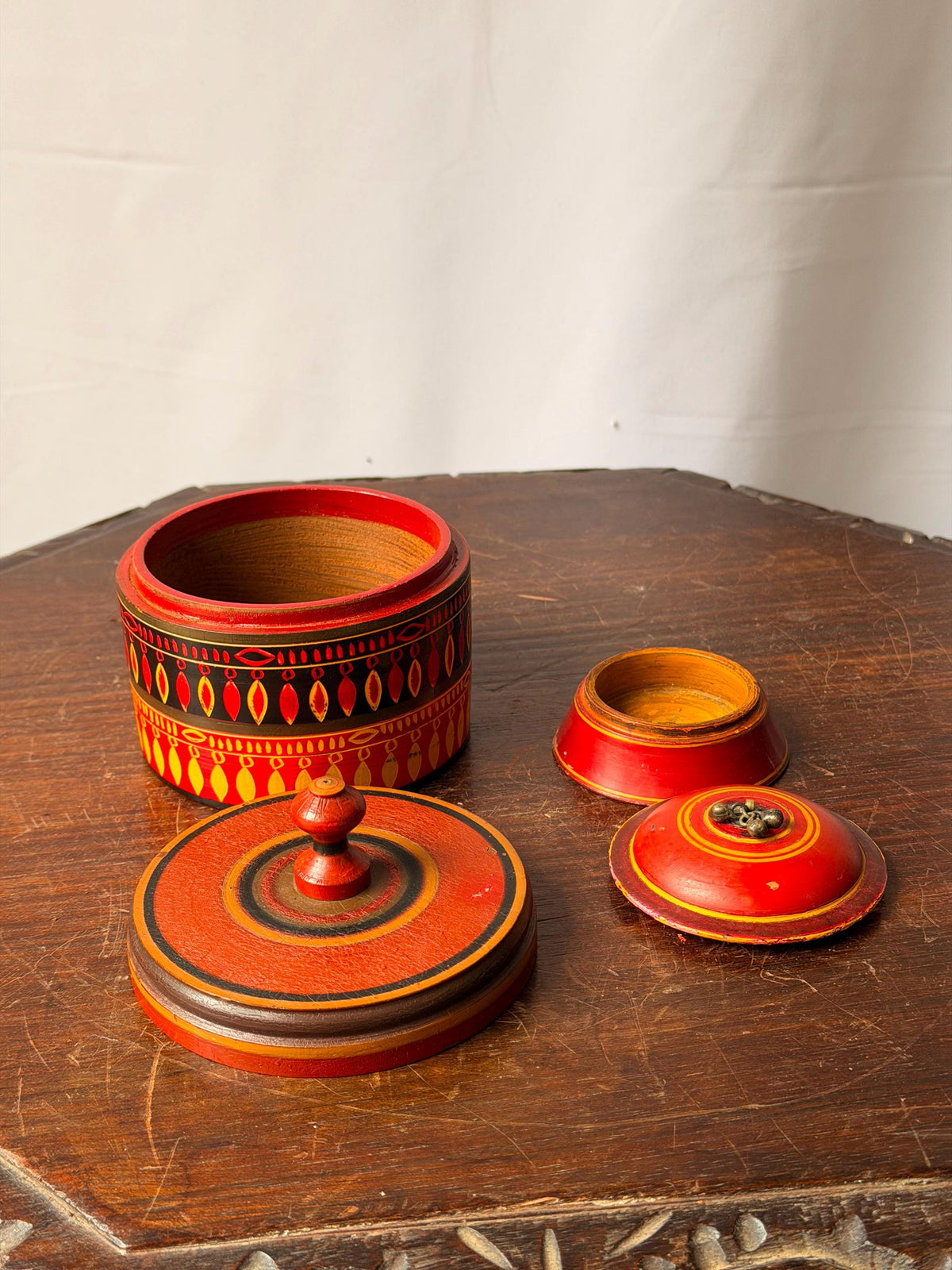 Vintage Lacquered Wood Trinket Box Set South Asian Folk Art 4"