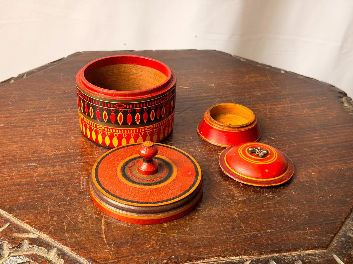 Vintage Lacquered Wood Trinket Box Set South Asian Folk Art 4"