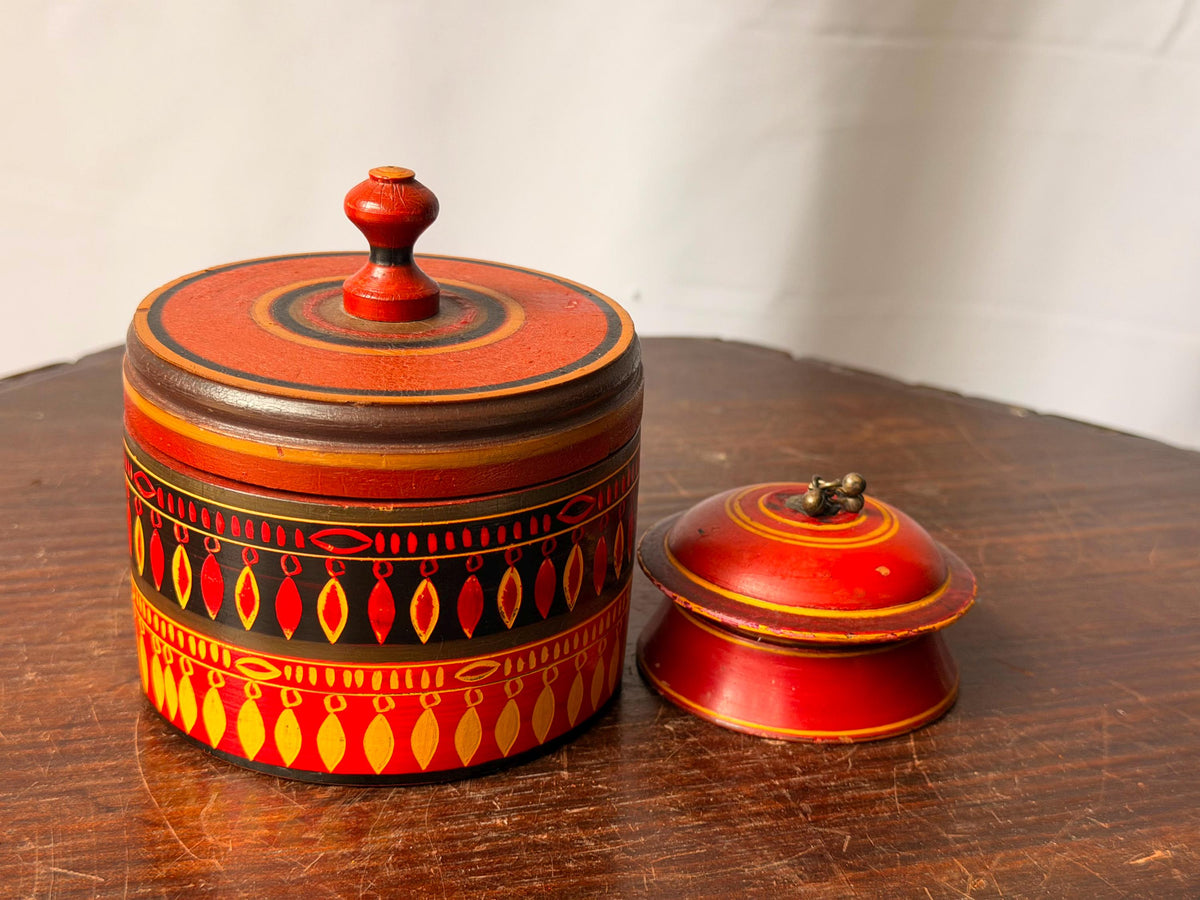 Vintage Lacquered Wood Trinket Box Set South Asian Folk Art 4"