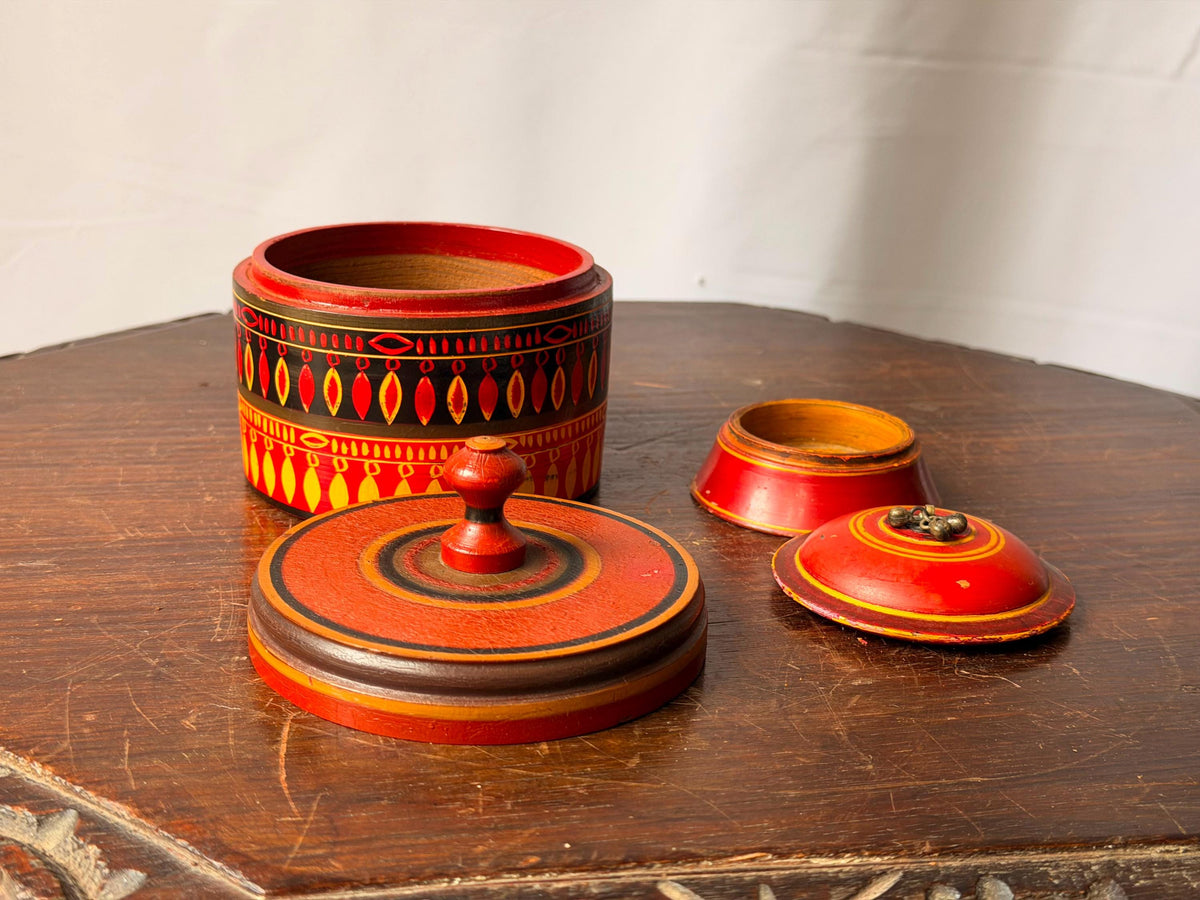 Vintage Lacquered Wood Trinket Box Set South Asian Folk Art 4"
