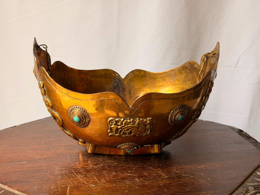 Vintage Copper Hanging Bowl Turquoise Brass Dragon Censer Vessel 10.5"