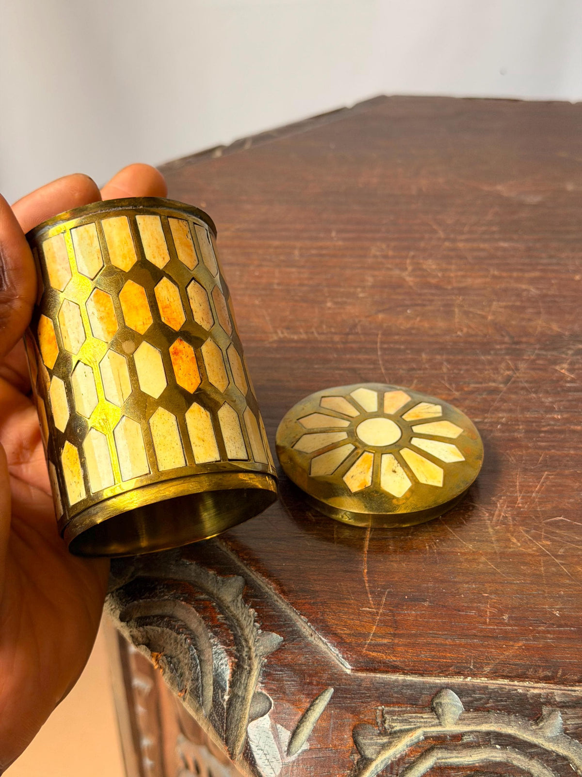 Vintage Brass Mosaic Trinket Box Geometric Inlay Canister Jar 3.8"