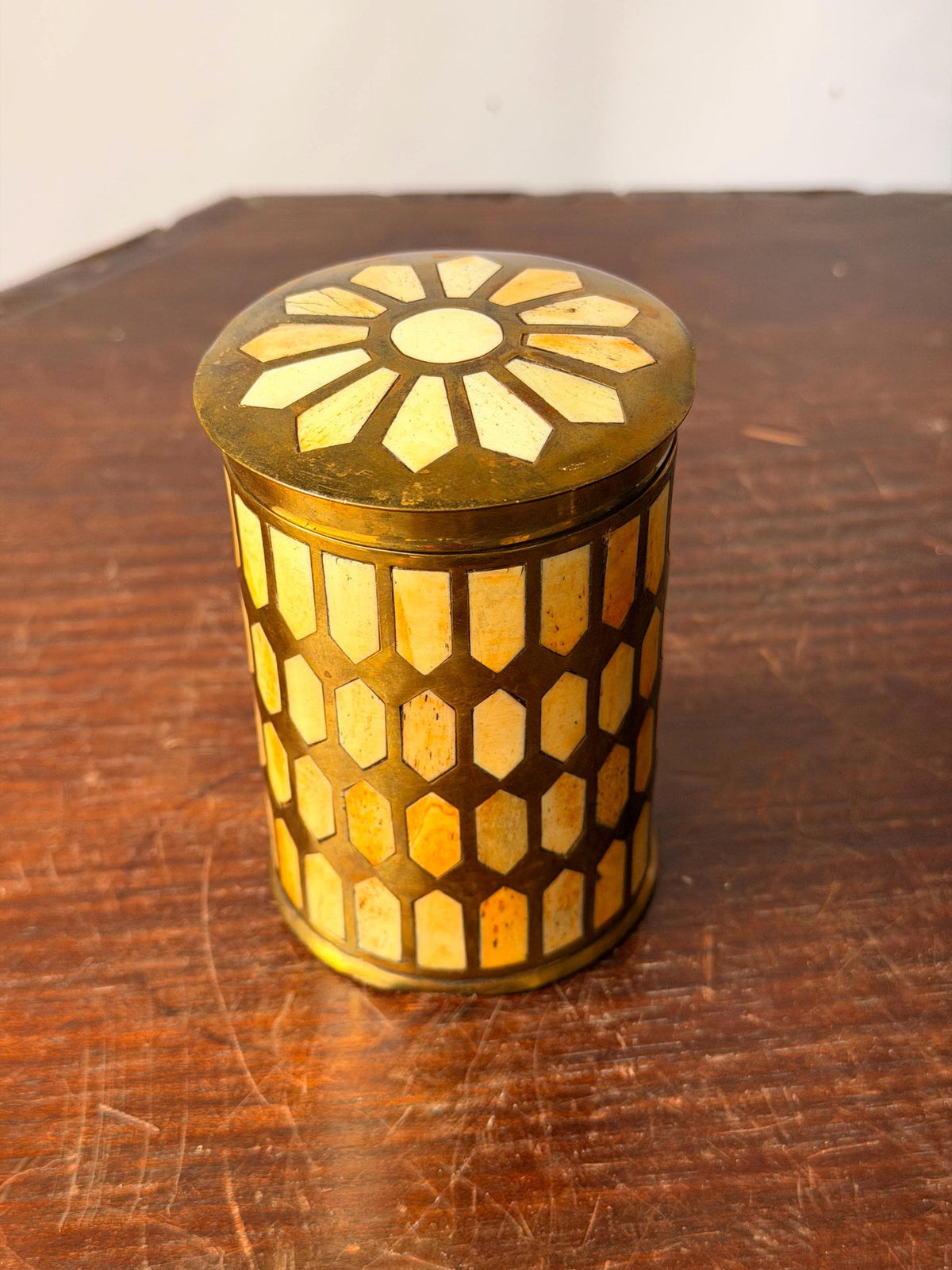 Vintage Brass Mosaic Trinket Box Geometric Inlay Canister Jar 3.8"