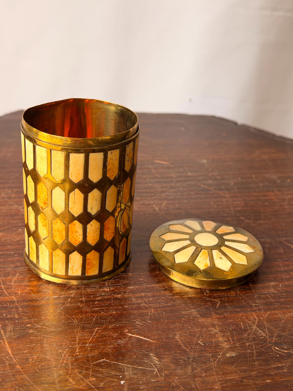 Vintage Brass Mosaic Trinket Box Geometric Inlay Canister Jar 3.8"