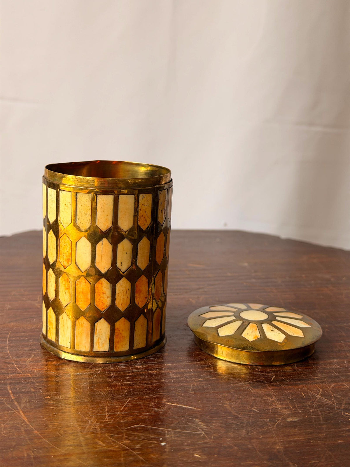Vintage Brass Mosaic Trinket Box Geometric Inlay Canister Jar 3.8"