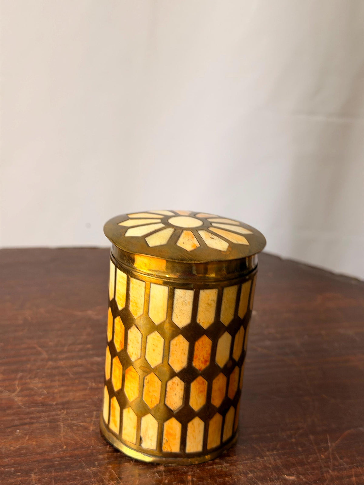 Vintage Brass Mosaic Trinket Box Geometric Inlay Canister Jar 3.8"