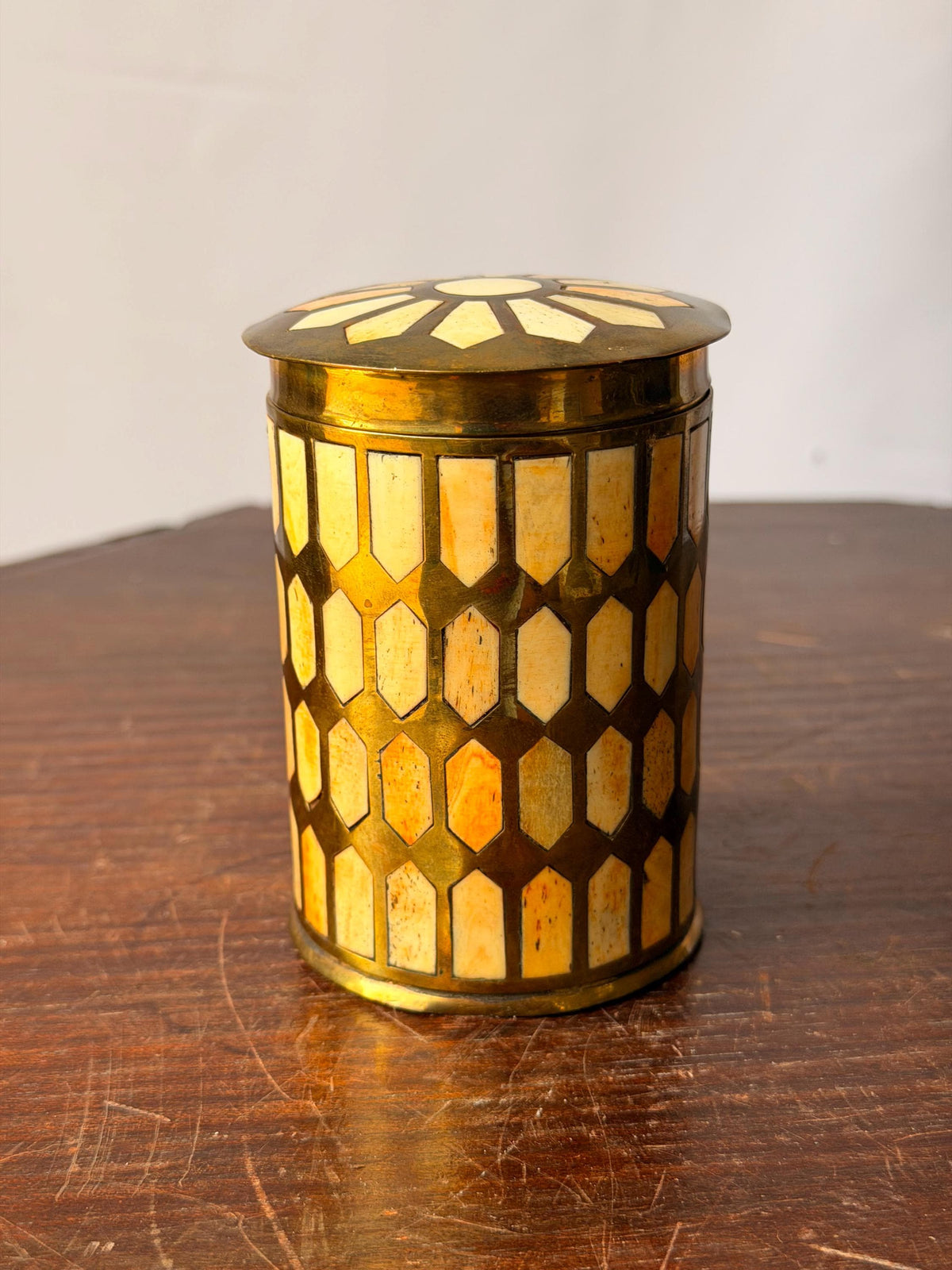 Vintage Brass Mosaic Trinket Box Geometric Inlay Canister Jar 3.8"