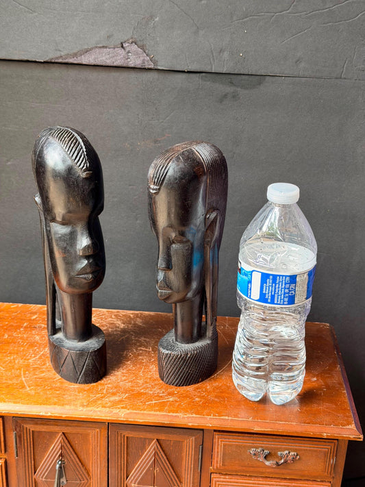 Vintage East African Hand Carved Wood Busts Pair - Maasai Couples Art 9"