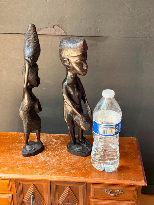 African Wood Carvings Pair, Vintage Drummer and Woman Figurines 12 in, Hand Carved Dark Wood East African Folk Art Statu