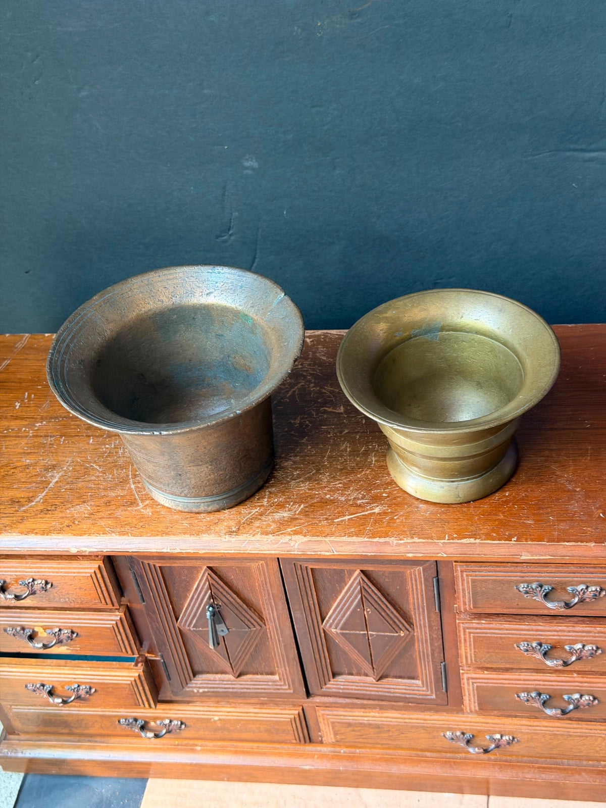 Vintage Cast Bronze Brass Mortar Pair Apothecary Bowls Vessel Set