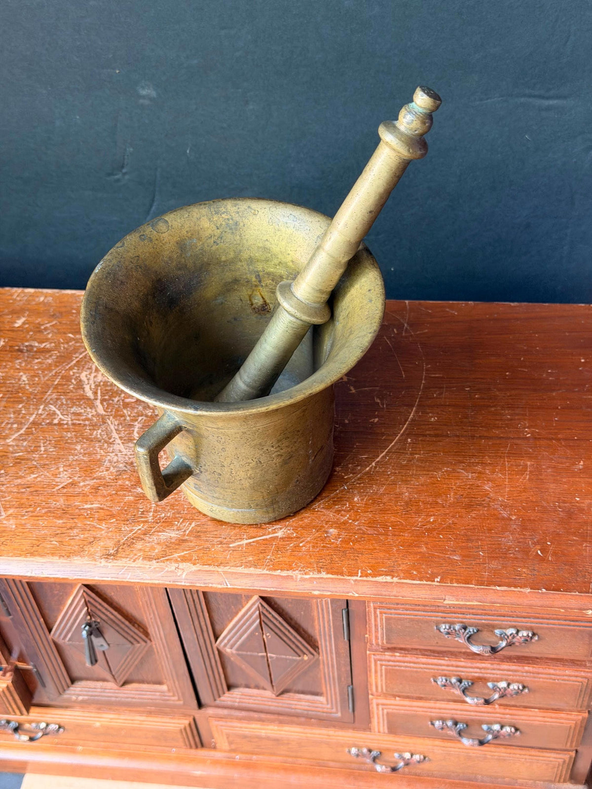 Vintage Heavy Cast Brass Mortar Pestle Set Handled Apothecary Vessel