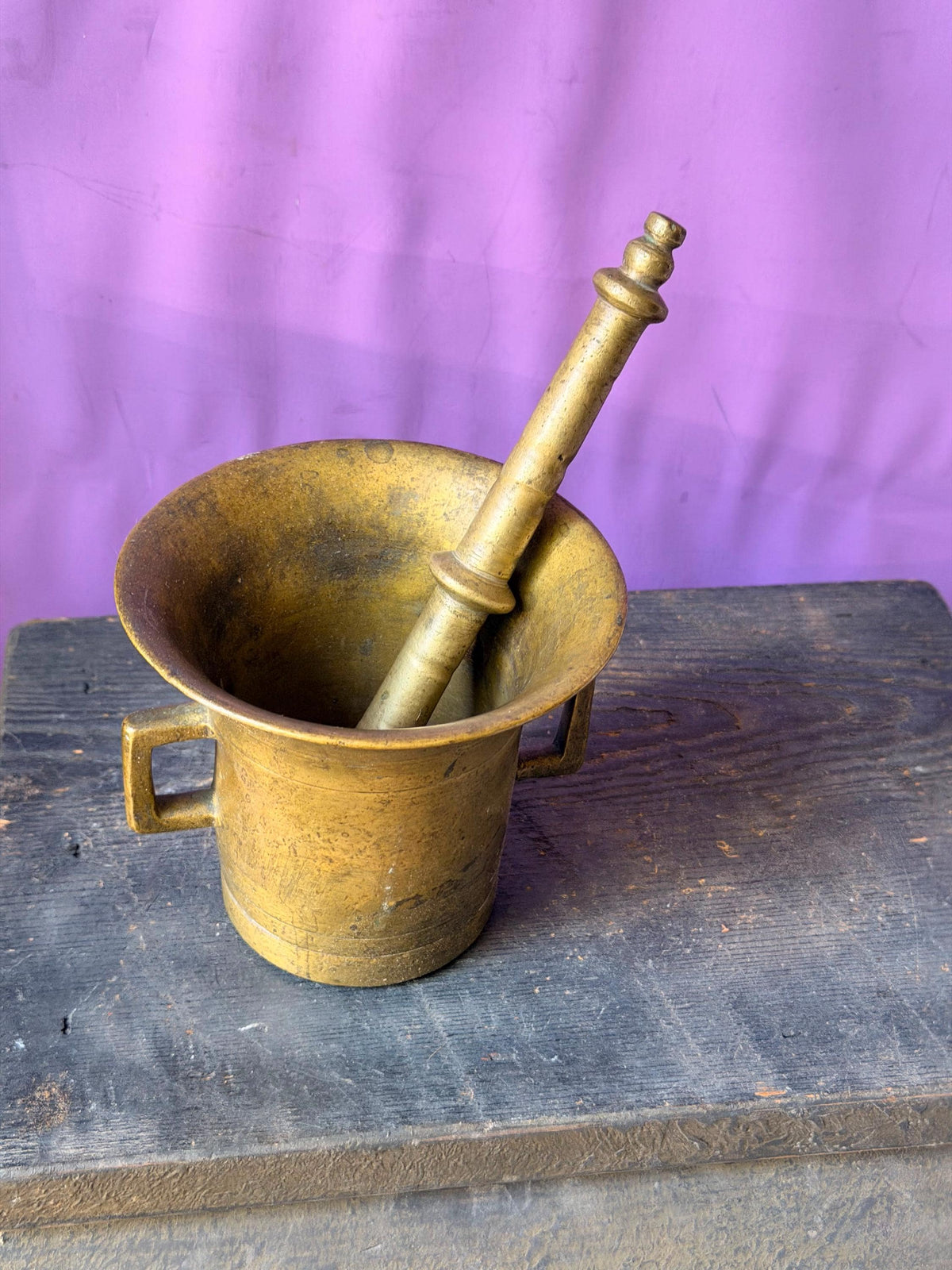 Vintage Heavy Cast Brass Mortar Pestle Set Handled Apothecary Vessel