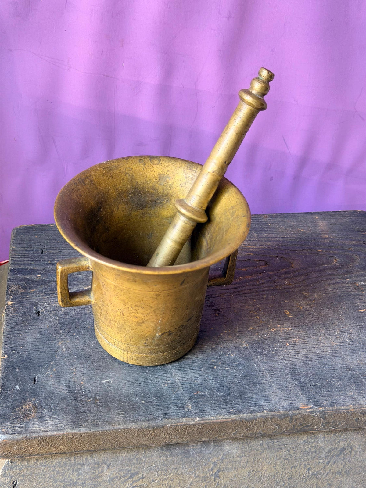 Vintage Heavy Cast Brass Mortar Pestle Set Handled Apothecary Vessel