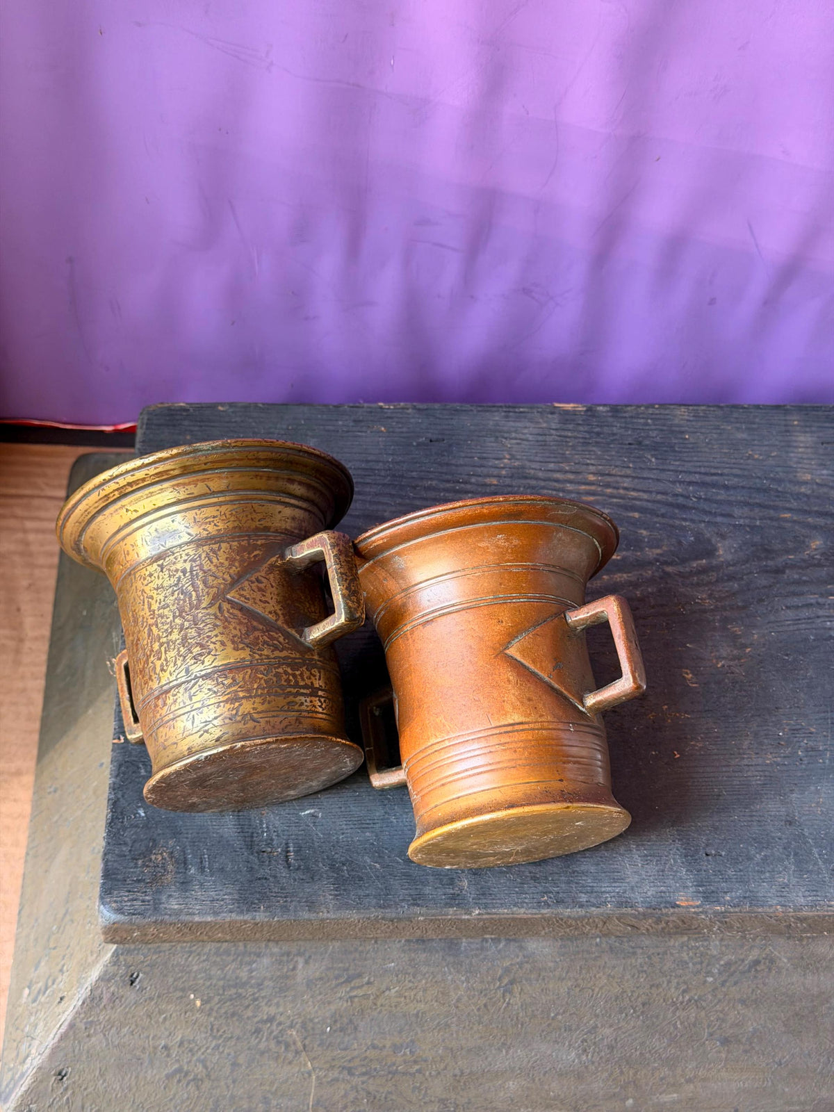 Vintage Cast Brass Bronze Mortar Pair Handled Apothecary Vessels Metalware
