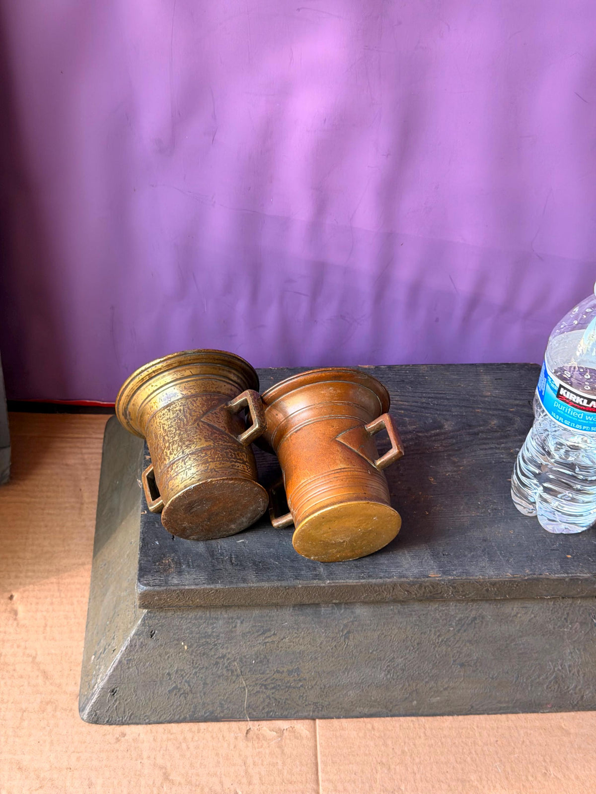 Vintage Cast Brass Bronze Mortar Pair Handled Apothecary Vessels Metalware