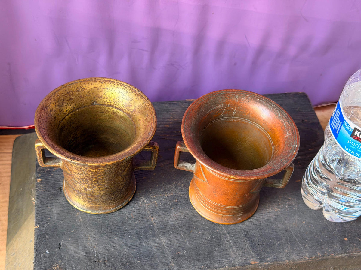 Vintage Cast Brass Bronze Mortar Pair Handled Apothecary Vessels Metalware