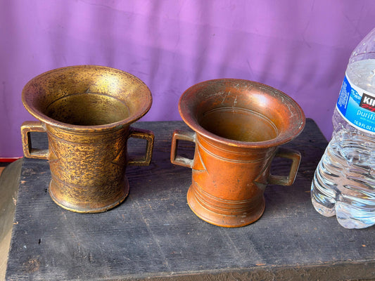 Vintage Cast Brass Bronze Mortar Pair Handled Apothecary Vessels Metalware