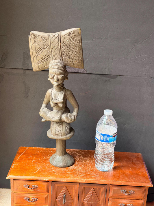 Vintage Yoruba Oshe Shango Staff - Carved Wood African Maternity Figure 17.5"