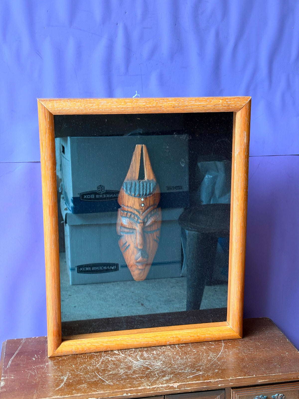 Vintage Framed African Mask Shadow Box - Hand Carved West African Wood Art 15"