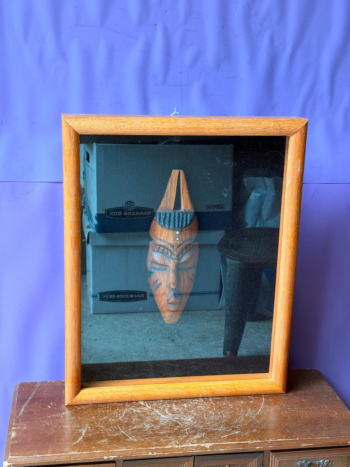 Vintage Framed African Mask Shadow Box - Hand Carved West African Wood Art 15"